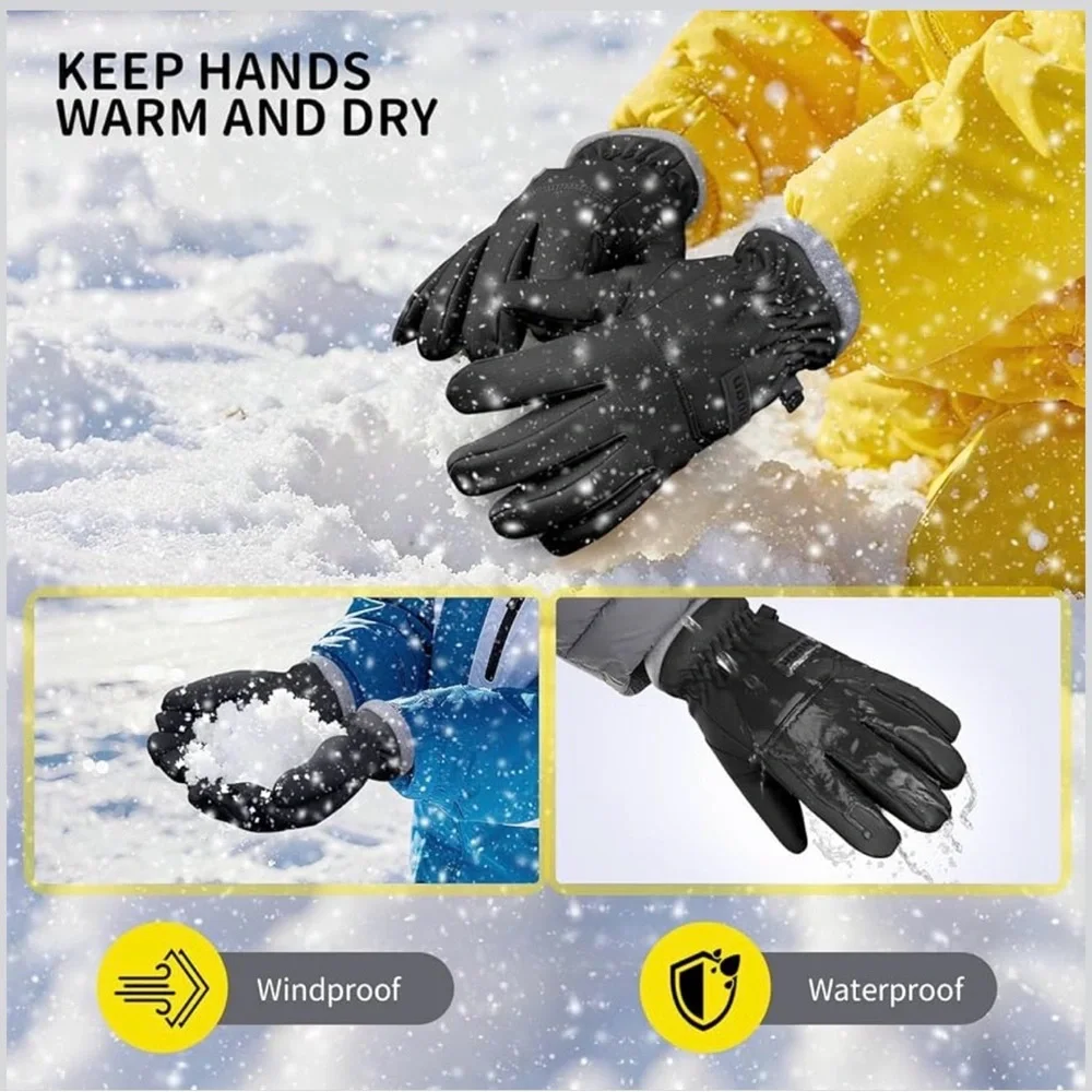 ihuan Black Kids Winter Gloves with Gray Cuffs Size Medium